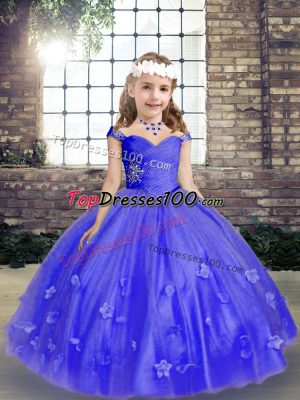 Blue Sleeveless Tulle Lace Up High School Pageant Dress