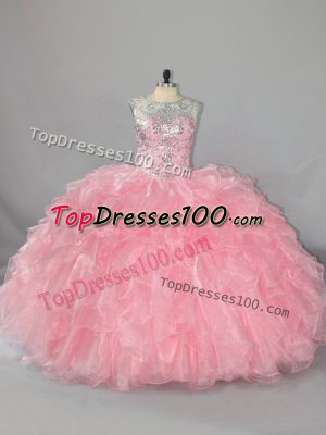 Floor Length Pink Quinceanera Dress Scoop Sleeveless Lace Up
