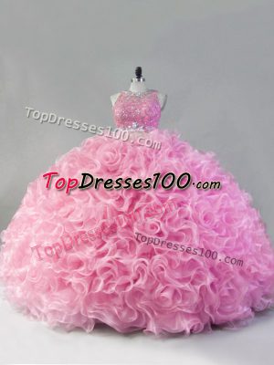 Top Selling Pink Fabric With Rolling Flowers Zipper Scoop Sleeveless Floor Length Quinceanera Gowns Beading