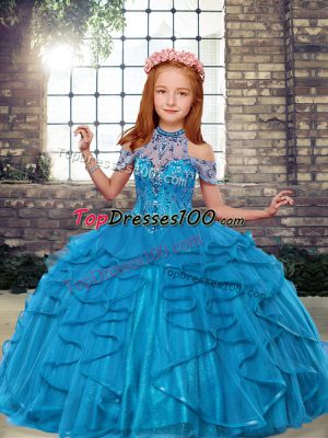 Teal Sleeveless Floor Length Beading and Ruffles Lace Up Little Girls Pageant Dress