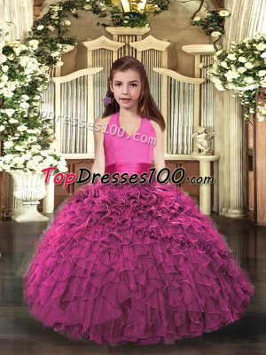 Discount Hot Pink Lace Up Halter Top Ruffles Little Girls Pageant Gowns Organza Sleeveless