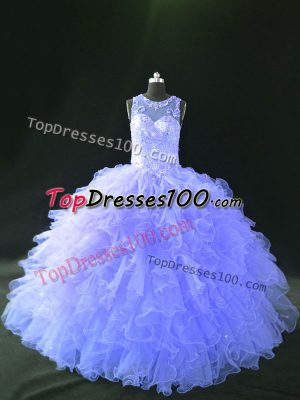 Lavender Tulle Lace Up Scoop Sleeveless Floor Length Quinceanera Dress Beading and Ruffles