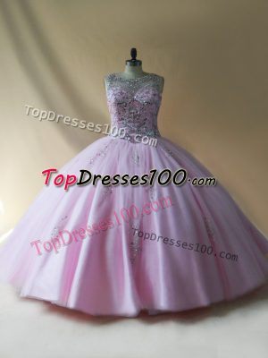 Comfortable Baby Pink Tulle Lace Up Sweet 16 Dress Sleeveless Floor Length Beading