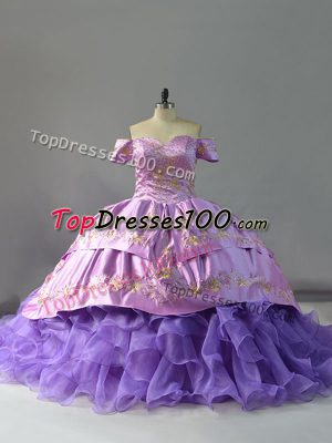 Decent Off The Shoulder Sleeveless Sweet 16 Dresses Chapel Train Embroidery and Ruffles Lavender Organza