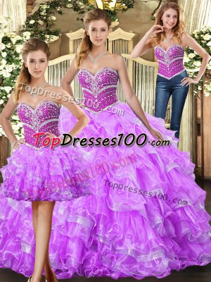 Charming Lilac Organza Lace Up Sweet 16 Dress Sleeveless Floor Length Beading and Ruffles