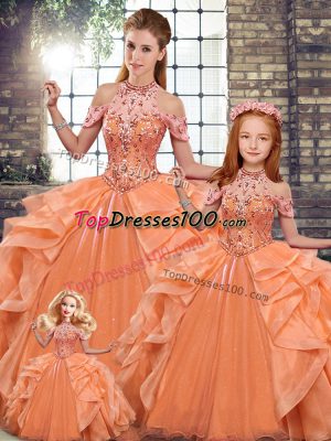 Flirting Sleeveless Lace Up Floor Length Beading and Ruffles 15th Birthday Dress