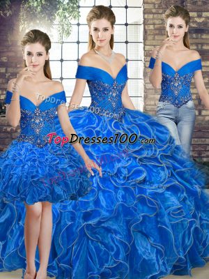 Wonderful Royal Blue Organza Lace Up Quinceanera Gowns Sleeveless Floor Length Beading and Ruffles
