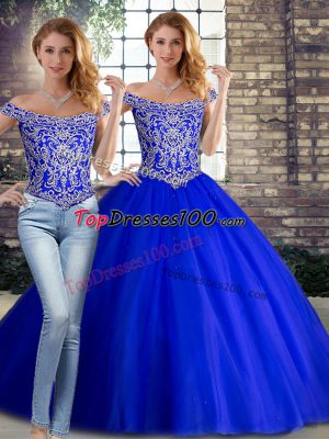 Sleeveless Tulle Brush Train Lace Up Sweet 16 Dress in Royal Blue with Beading