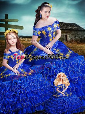 Ball Gowns Ball Gown Prom Dress Royal Blue Off The Shoulder Organza Sleeveless Floor Length Lace Up
