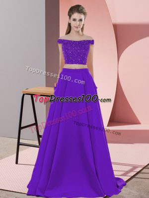 Glittering Elastic Woven Satin Off The Shoulder Sleeveless Sweep Train Backless Beading Prom Evening Gown in Purple