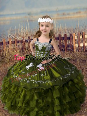 Custom Made Floor Length Olive Green Pageant Dress for Teens Straps Sleeveless Lace Up