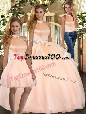 Edgy Halter Top Sleeveless Ball Gown Prom Dress Floor Length Beading Peach Organza