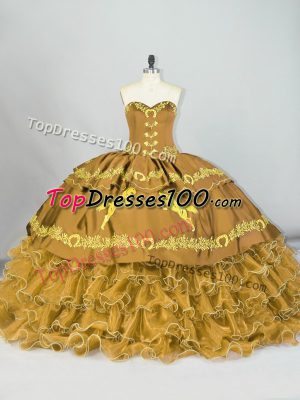 Brown Satin and Organza Lace Up 15th Birthday Dress Sleeveless Brush Train Embroidery and Ruffled Layers