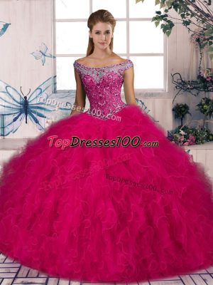 Beading and Ruffles Sweet 16 Quinceanera Dress Hot Pink Lace Up Sleeveless Brush Train