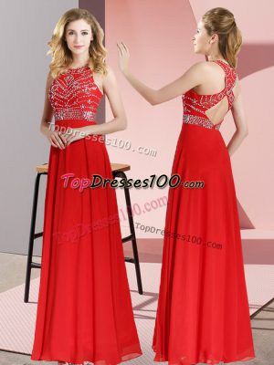 Sleeveless Floor Length Beading Backless Prom Party Dress with Red