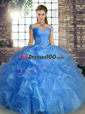 Fashionable Blue Lace Up Sweet 16 Dress Beading and Ruffles Sleeveless Floor Length