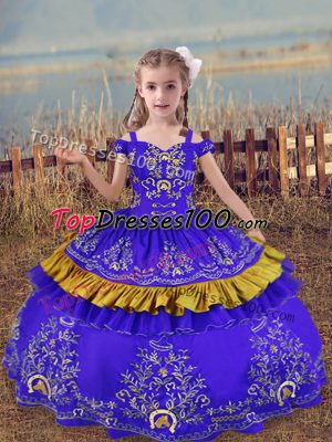 Elegant Blue Satin Lace Up Little Girls Pageant Dress Sleeveless Floor Length Beading and Embroidery