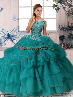 Brush Train Ball Gowns Ball Gown Prom Dress Teal Scoop Organza Sleeveless Zipper