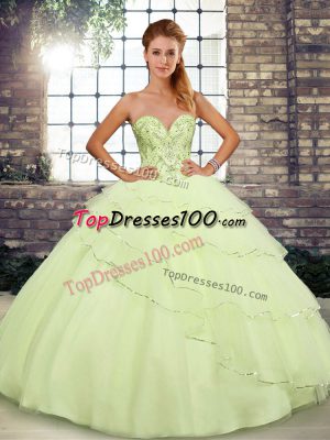 Best Yellow Lace Up 15th Birthday Dress Beading and Ruffled Layers Sleeveless Brush Train