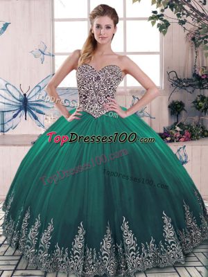 Free and Easy Sweetheart Sleeveless Sweet 16 Dress Beading and Embroidery Green Tulle