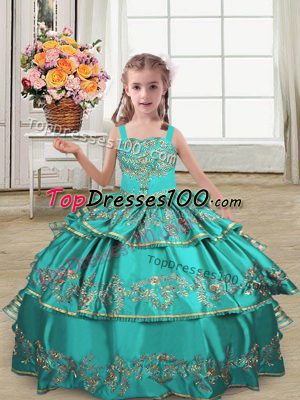 Wonderful Straps Sleeveless Satin Little Girl Pageant Dress Embroidery and Ruffled Layers Lace Up