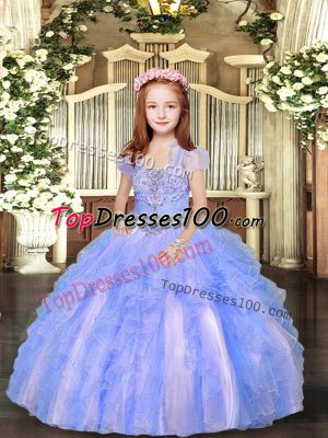 Blue And White Straps Neckline Beading and Ruffles Kids Formal Wear Sleeveless Lace Up