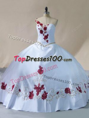 White Lace Up One Shoulder Embroidery Sweet 16 Dress Satin Sleeveless