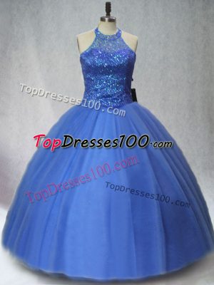 Blue Ball Gowns Beading 15th Birthday Dress Lace Up Tulle Sleeveless Floor Length
