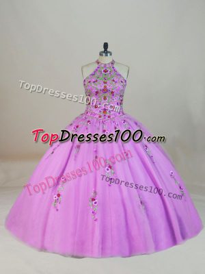 Lilac Lace Up Quinceanera Gown Appliques and Embroidery Sleeveless Brush Train