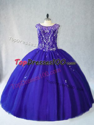 Deluxe Sleeveless Floor Length Beading Lace Up 15th Birthday Dress with Royal Blue