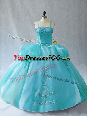 Fashion Aqua Blue Organza Lace Up Straps Sleeveless Floor Length 15 Quinceanera Dress Appliques