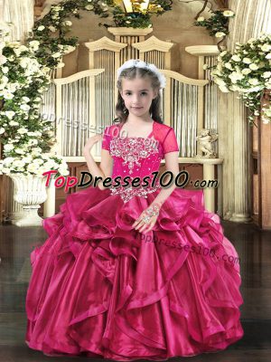 Sleeveless Organza Floor Length Lace Up Child Pageant Dress in Hot Pink with Beading