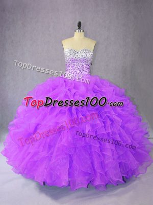 Sweetheart Sleeveless Sweet 16 Dress Floor Length Beading and Ruffles Purple Organza