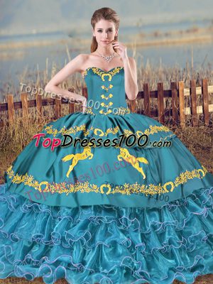 Floor Length Blue Quinceanera Dress Satin and Organza Brush Train Sleeveless Embroidery and Ruffles