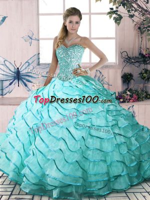 New Arrival Sleeveless Brush Train Lace Up Beading and Ruffled Layers Sweet 16 Quinceanera Dress