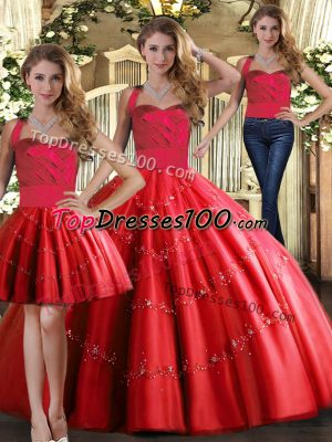 Inexpensive Floor Length Red Quinceanera Dresses Tulle Sleeveless Appliques