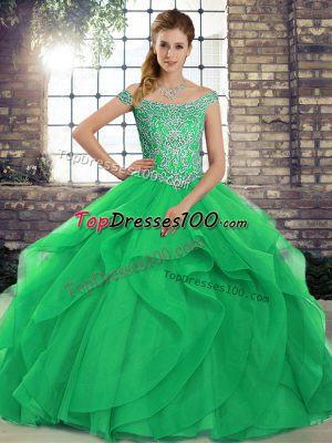 Charming Off The Shoulder Sleeveless Tulle Sweet 16 Quinceanera Dress Beading and Ruffles Brush Train Lace Up