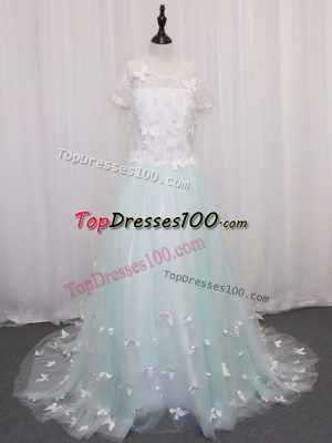 Beauteous Tulle Scoop Short Sleeves Brush Train Clasp Handle Appliques Flower Girl Dresses in Apple Green