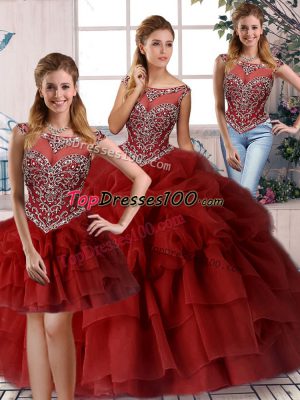 Sweet Wine Red Zipper Sweet 16 Dress Beading and Pick Ups Sleeveless Brush Train