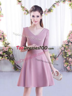 Spectacular Pink Half Sleeves Ruching Mini Length Wedding Party Dress