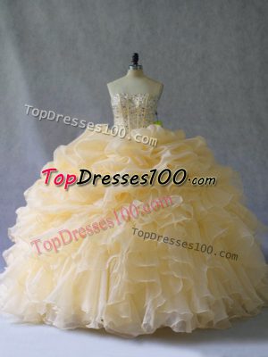 Popular Gold Lace Up Sweet 16 Dress Beading and Ruffles and Pick Ups Sleeveless Floor Length