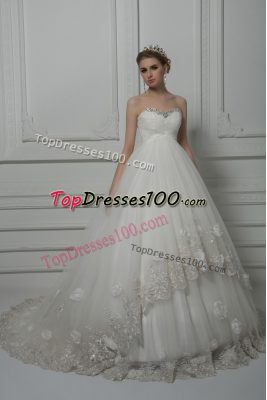 Lace Up Wedding Dresses White for Wedding Party with Beading and Lace and Hand Made Flower Court Train