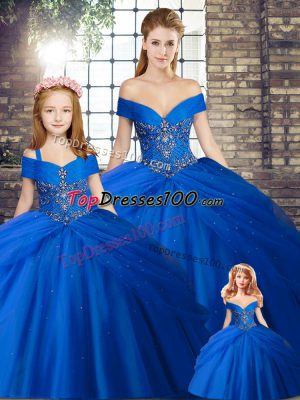 Graceful Royal Blue Lace Up Ball Gown Prom Dress Beading and Pick Ups Sleeveless Brush Train