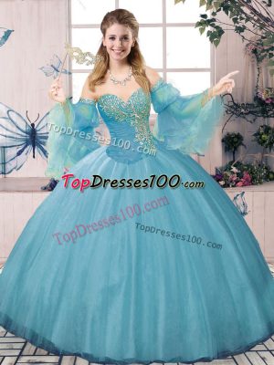 Blue Ball Gowns Beading and Ruching Sweet 16 Dress Lace Up Tulle Long Sleeves