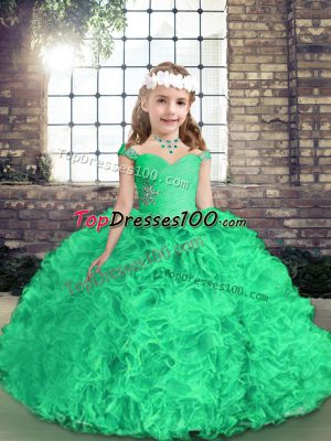 Sleeveless Fabric With Rolling Flowers Floor Length Side Zipper Kids Pageant Dress in Green with Beading and Ruffles