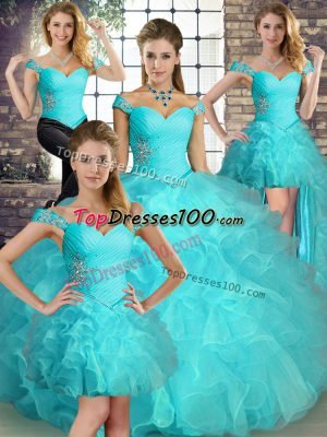 Floor Length Aqua Blue Quinceanera Dress Organza Sleeveless Beading and Ruffles