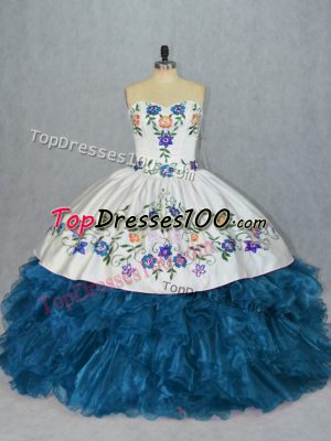 Pretty Blue Organza Lace Up Sweet 16 Dress Sleeveless Embroidery and Ruffles
