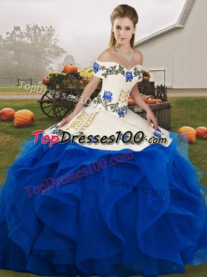 Custom Made Royal Blue Sleeveless Floor Length Embroidery and Ruffles Lace Up Sweet 16 Dresses