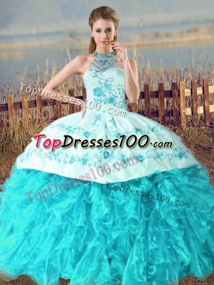 Flirting Sleeveless Organza Court Train Lace Up Quinceanera Gowns in Aqua Blue with Embroidery and Ruffles