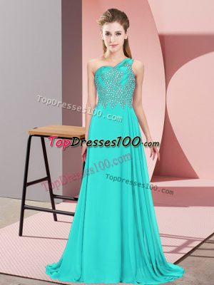 One Shoulder Sleeveless Chiffon Prom Dresses Beading Side Zipper